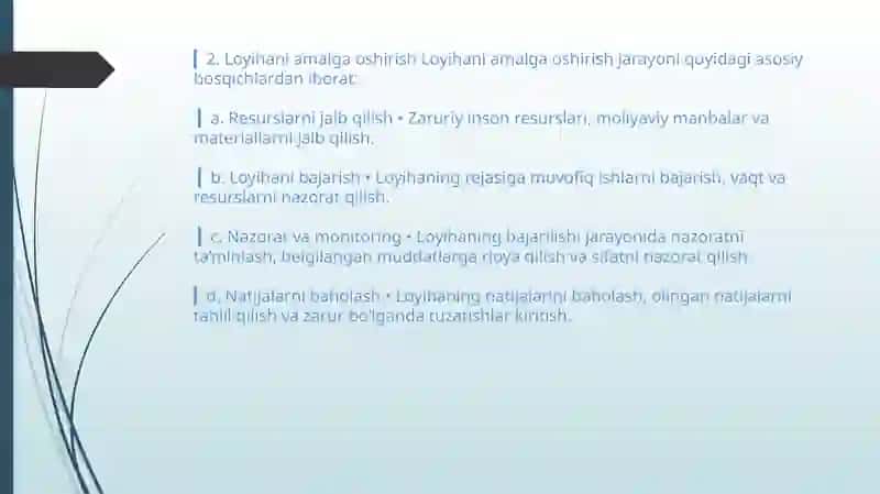 Loyihani hujjatlashtirish jarayoni va uni amalga oshirish. Shartnoma tuzish shartlari 4