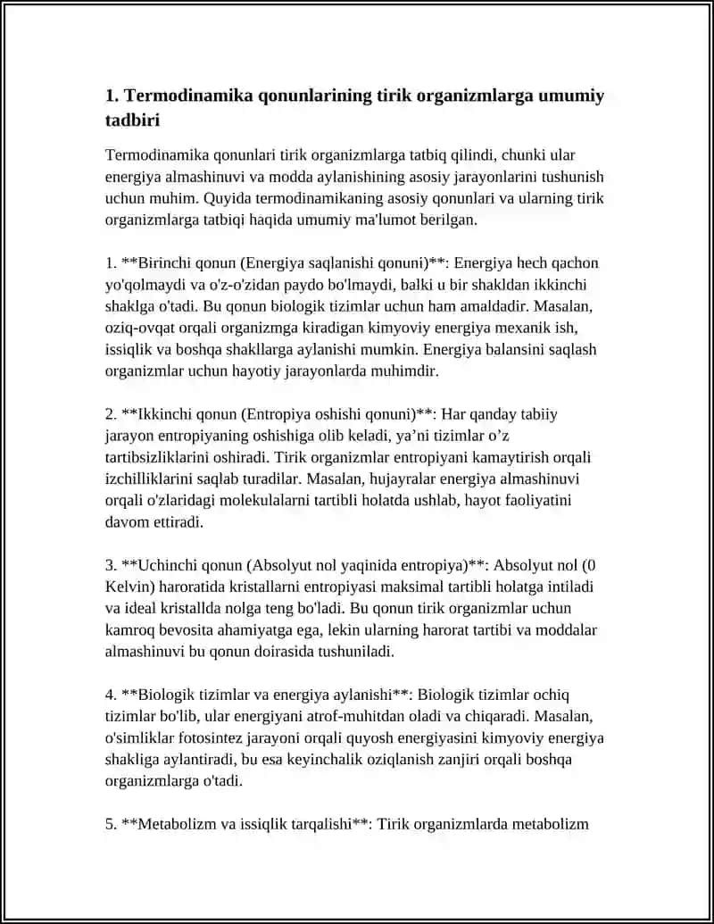 MUSTAQIL ISH Mavzu: TERMODINAMIKA QONUNLARINING TIRIK ORGANIZMLARGA TADBIRINI OʻRGANISH. KLEMAN-DEZORM USULIDA GAZ ISSIQLIK SIMLARI NISBATINI ANIQLASH. 4