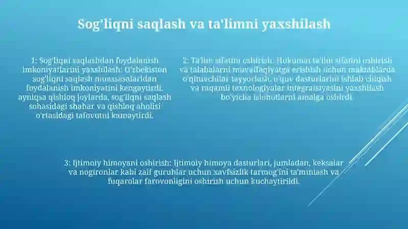 Oʻzbekistonda Ijtimoiy Sohada Amalga Oshirilayotgan OʻZgarishlar Mazmun Va Mohiyati 4