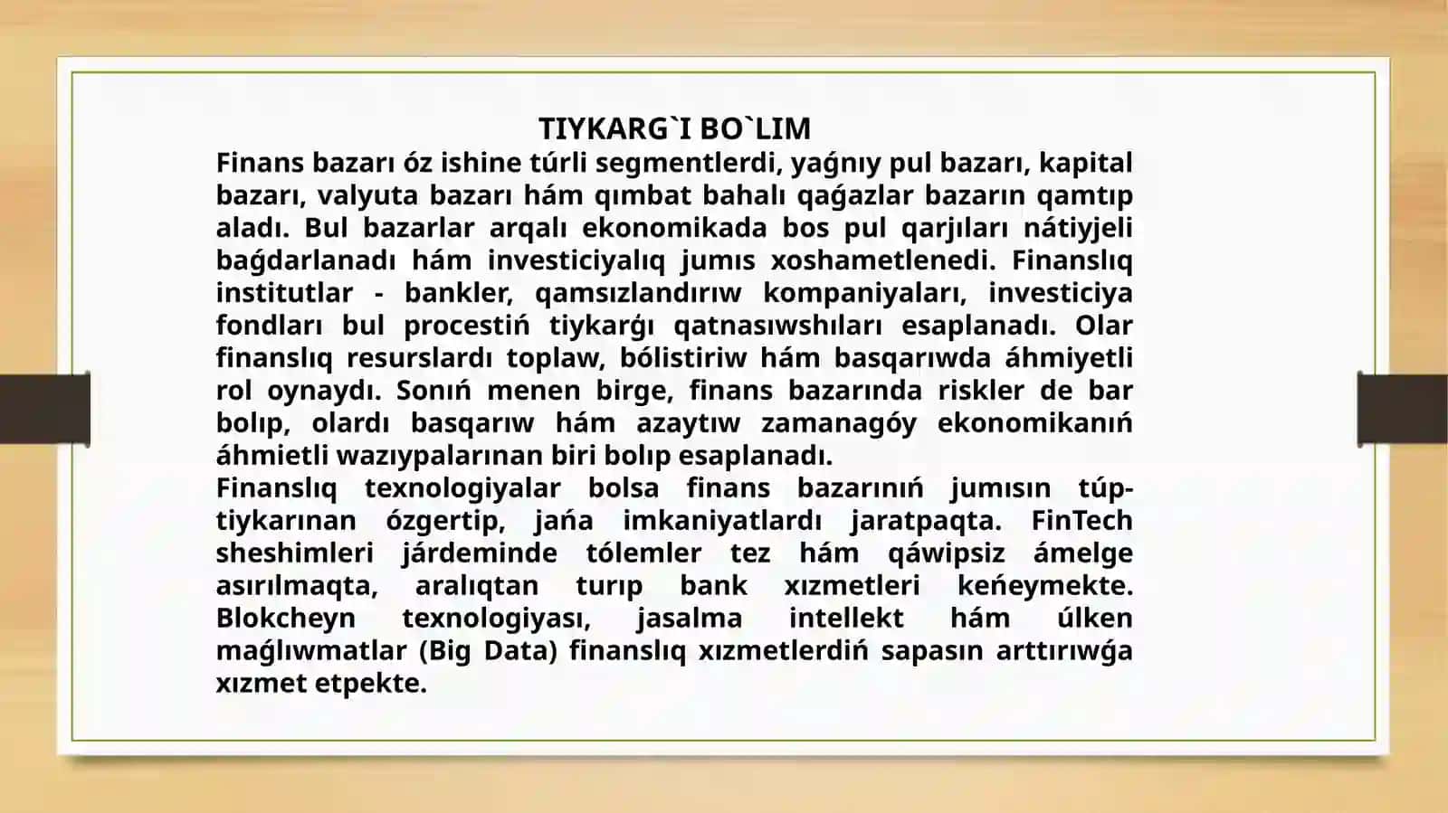 Finans bazarı hám finanslıq texnologiyalardıń teoriyalıq tiykarla 4
