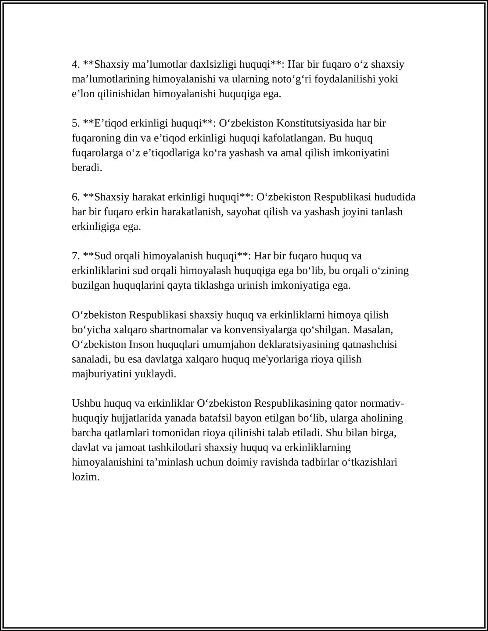 SHAXSIY HUQUQ VA ERKINLIKLARNING MOHIYATI VA TURLARI 4