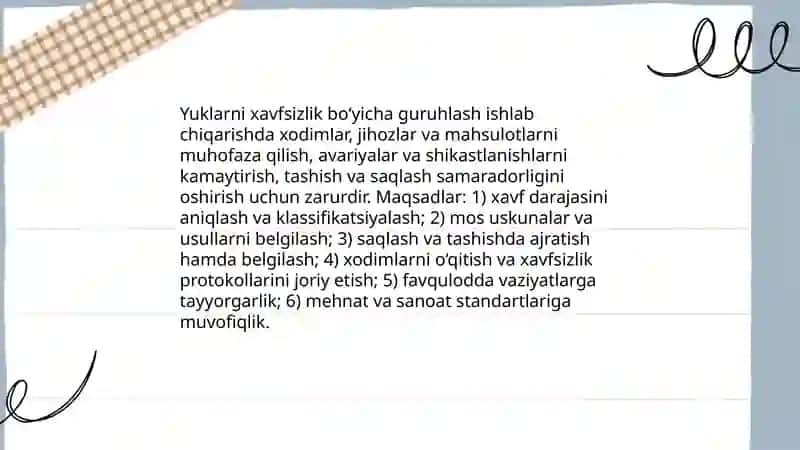 Ishlab chiqarishdagi yuklarning xavfsizligi bóyicha guruhlanishi 4