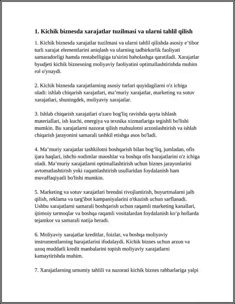 KICHIK BIZNES VA TADBIRKORLIK FAOLIYATINI RIVOJLANTIRISHDA XARAJATLAR VA ULARNI MINIMALLASHTIRISH YO'LLARI 4