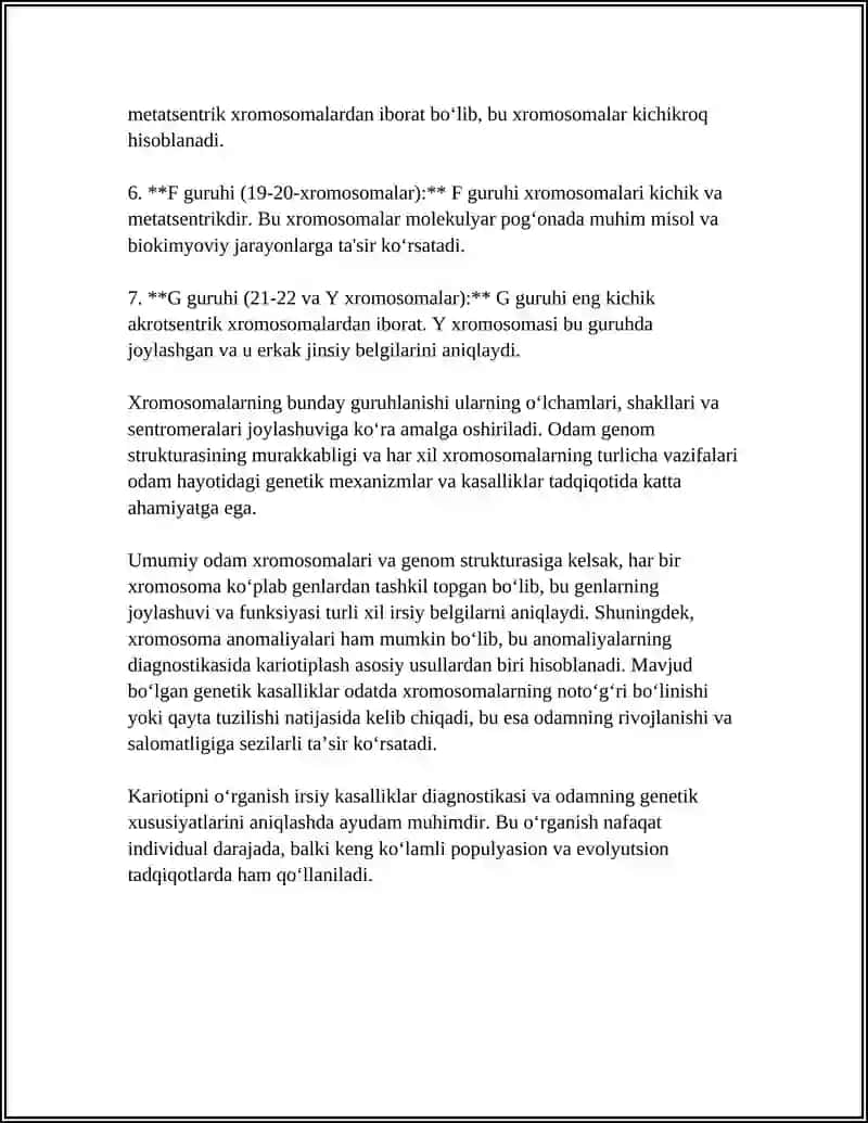 ODAM KARIOTIPIDAGI XROMOSOMALAR VA GENOM STRUKTURASIGA KO‘RA ULARNI GURUHLANISHI 4