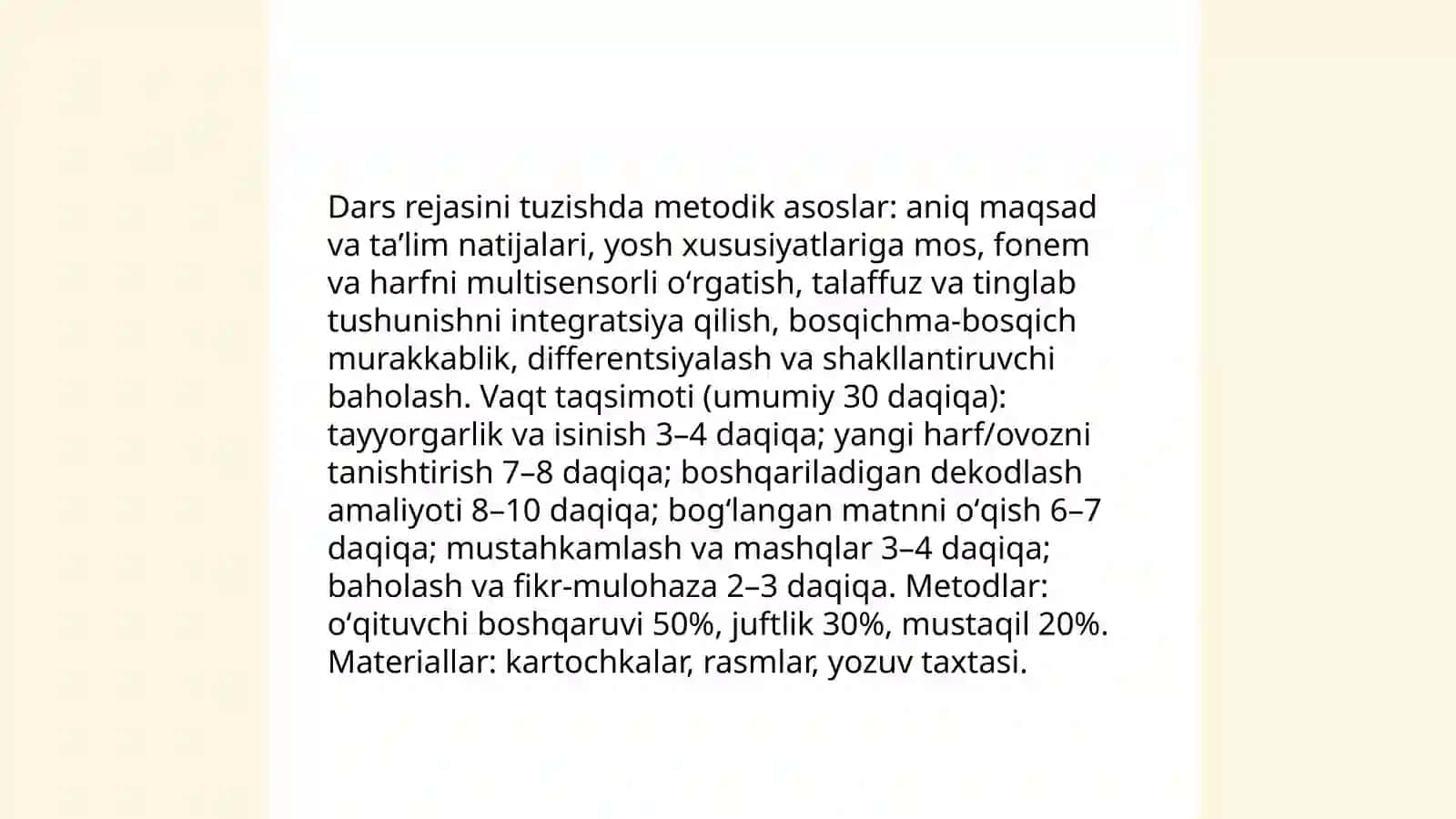 Savod órgatishning asosiy davri óqish darsim uchun metodik tavsiyalar ishlab chiqish 4
