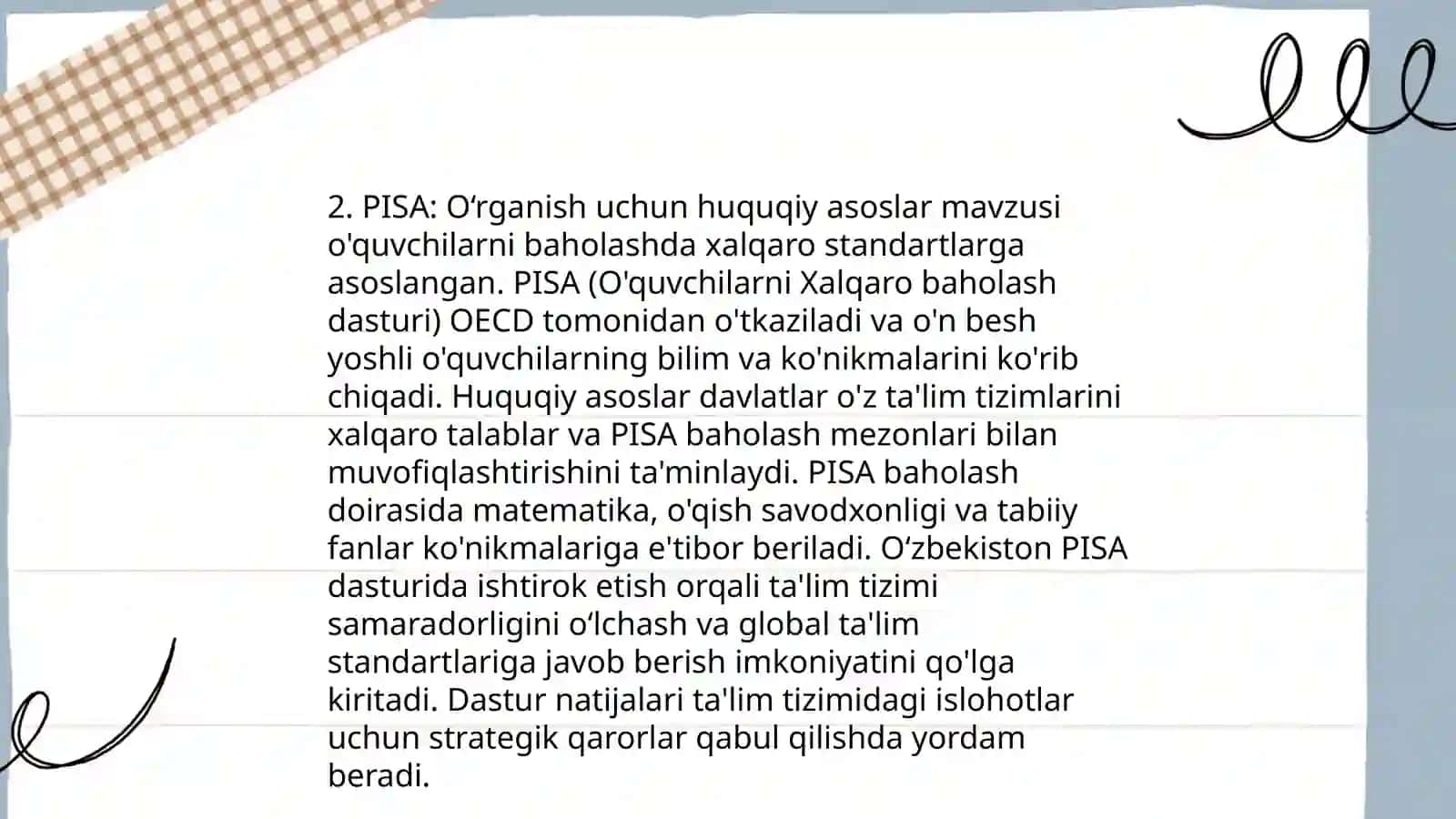 Xalq taʼlimi tizimida, ta'lim sifatini baholash boʻyicha xalqaro tadqiqotlarni joriy etishning me'yoriy-huquqiy asoslari,asosiy maqsadlar va chora tadbirlar.PISA.PIRLS.TIMSS.TALIS 4
