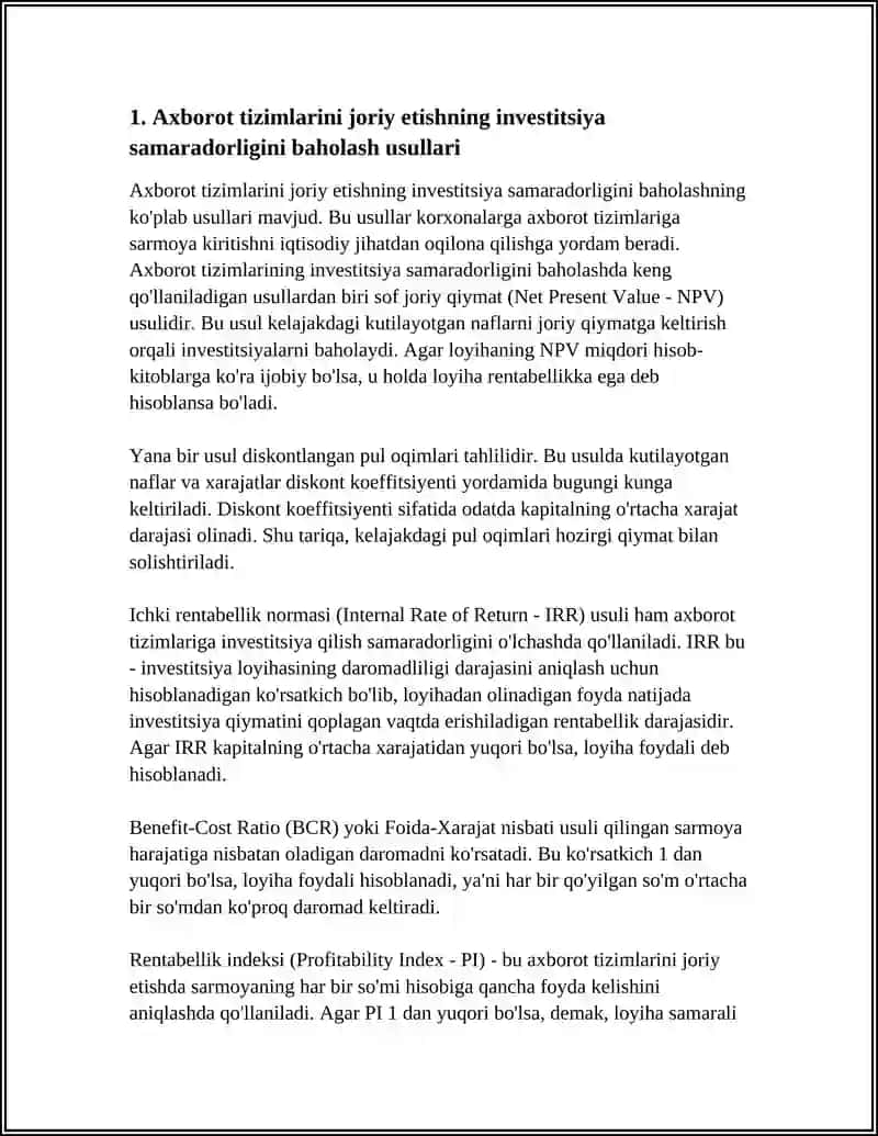 Axborot Tizimlarini Joriy Etishning Investitsiya Samaradorligini Baholash Usullari 4