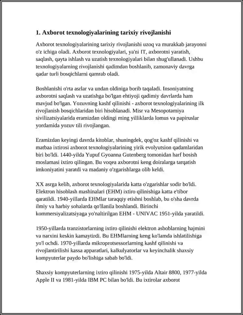 AXBOROT TEXNOLOGIYALARI TARIXI, MAQSAD VA VAZIFALARI. ZAMONAVIY MULTIMEDIA VOSITALARI. ZAMONAVIY KOMPYUTERLARNING ARXITEKTURASI VA STRUKTURASI 4