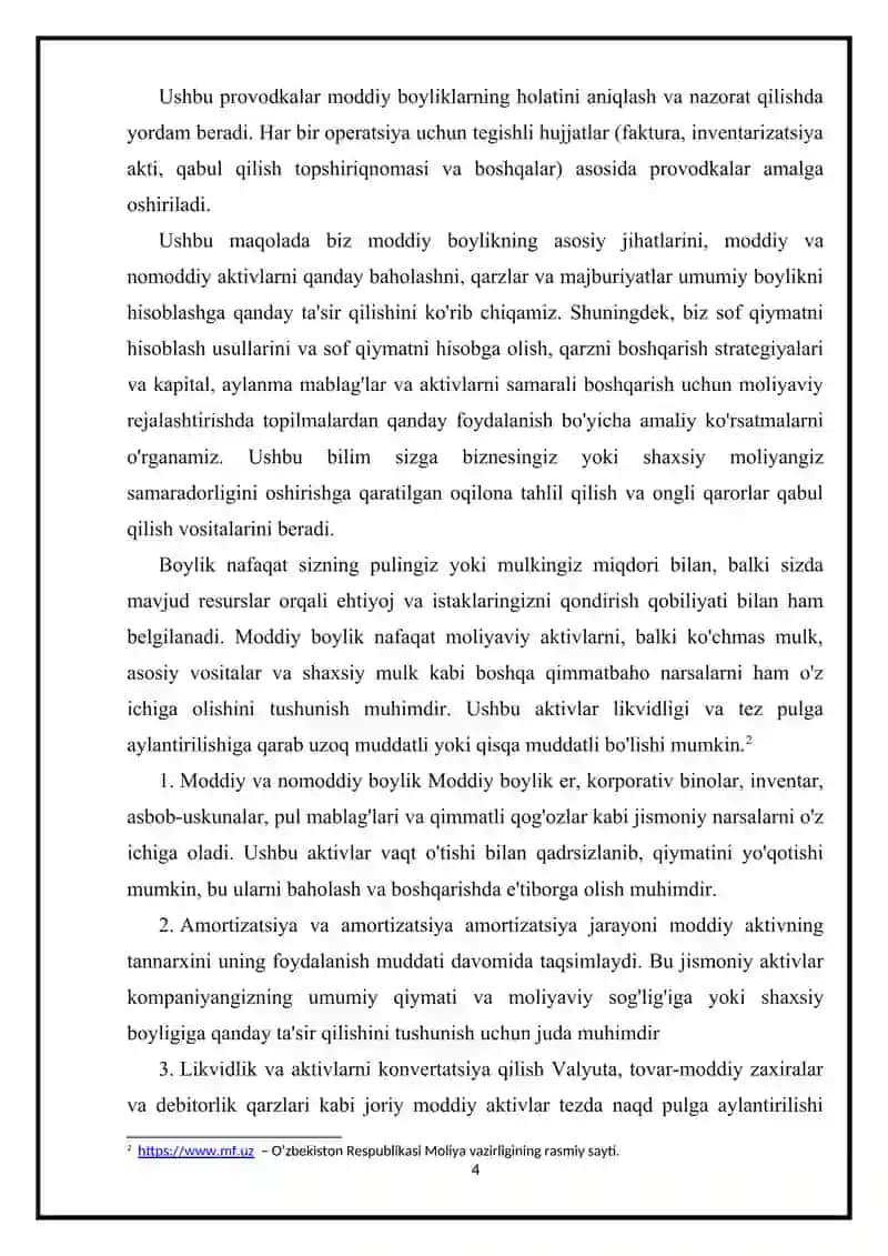 REFERAT, TOVAR VA MODDIY BOYLIKLARNI HISOB-KITOB QILISH 4