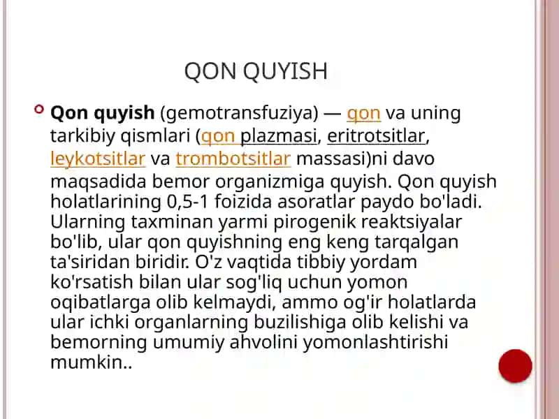 TRANSFUZIOLOGIYA ASOSLARI FANIDAN MUSTAQIL ISH 4