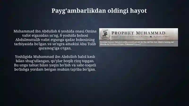Islam dinining payg'ambari Muhammad ibn Abdulloh hayotlarini (siyrat) organish 4