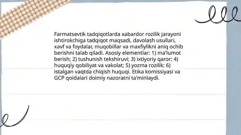 Farmatsevtik bioetikada rozilik tamoyilining o'rni 4