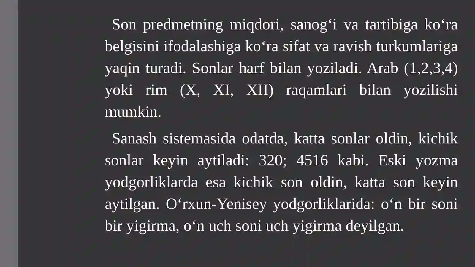Son so‘z turkumi. Sonning leksik-grammatik xususiyatlari, ma'no turlari 4