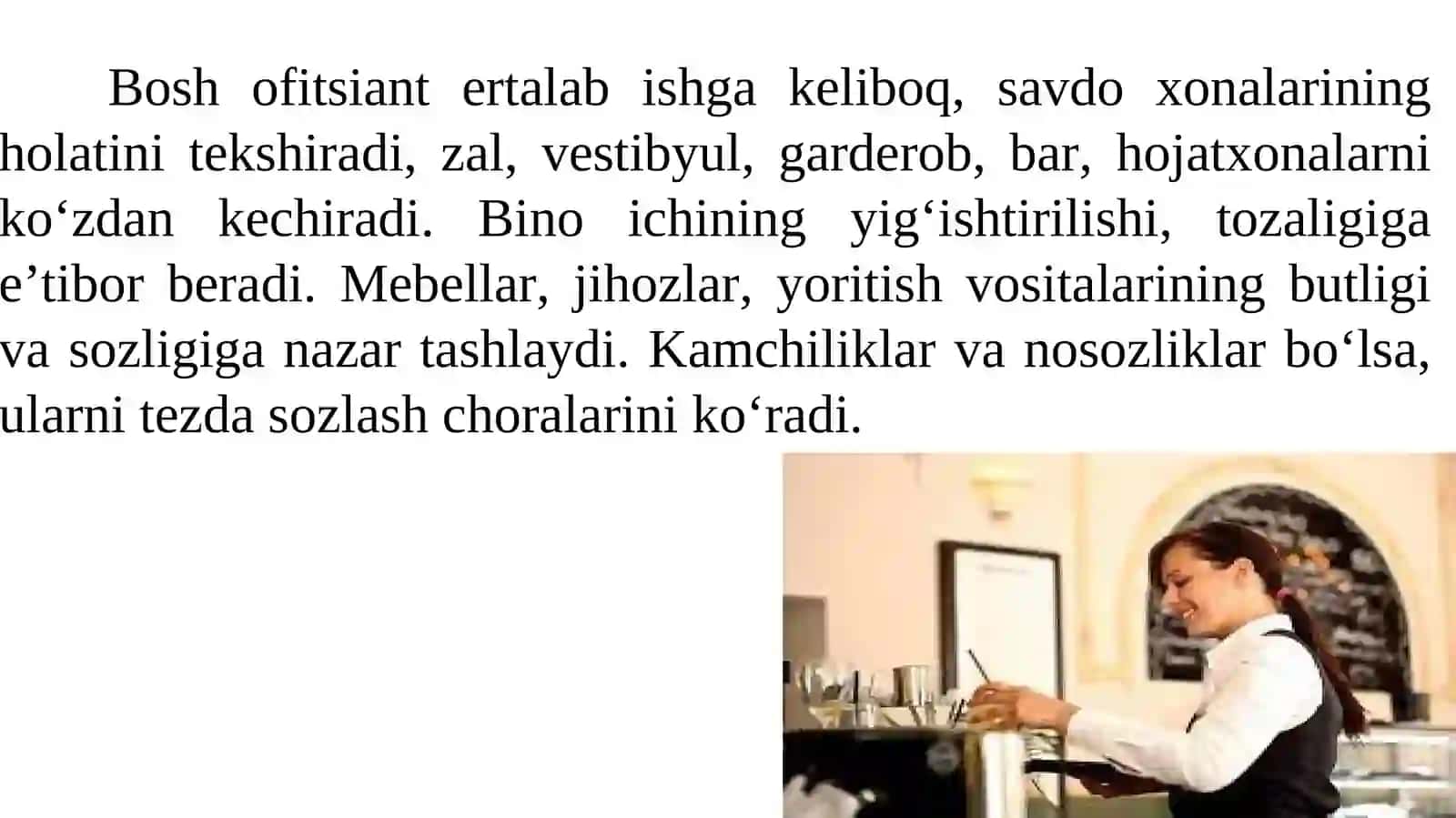 Restoran biznesida xizmat ko‘rsatuvchi xodimlarning vazifalari 4