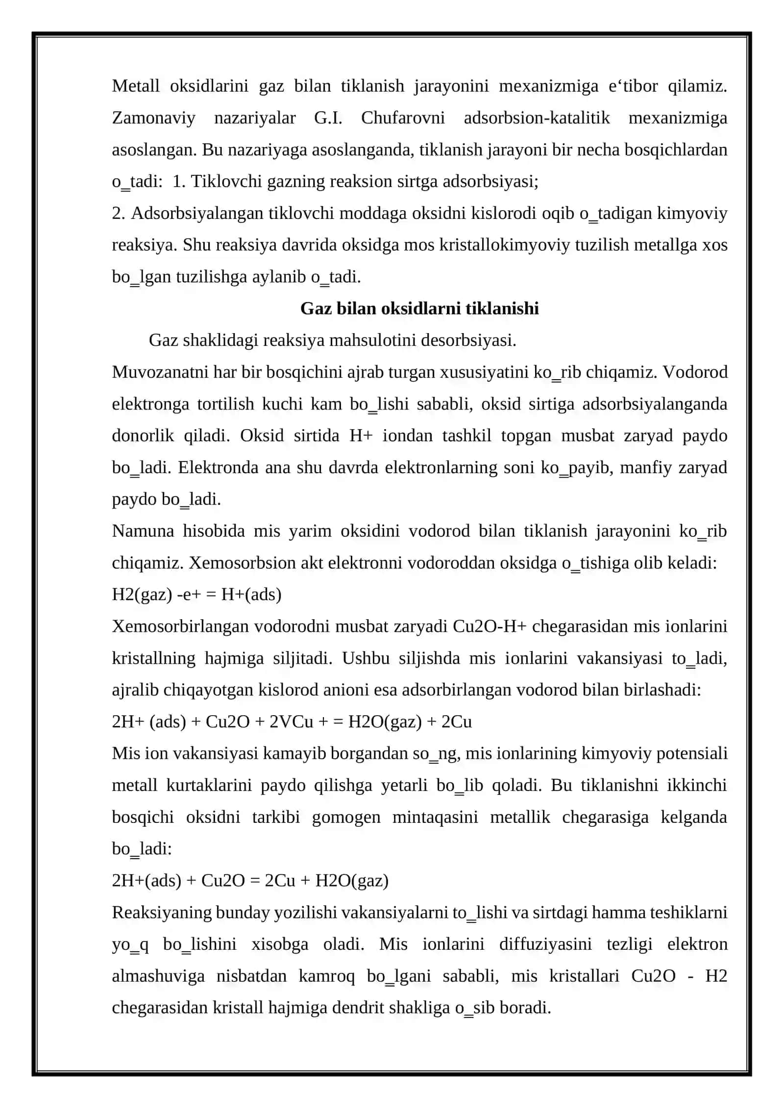 Qattiq fazadagi metal oksidini tiklanish jarayonini mexanizmi va kinetikasi 4