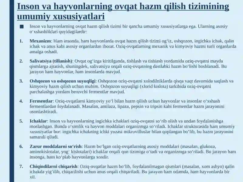 Odam va hayvonlar ingichka va yo‘g‘on ichagida ovqat hazm bo‘lishini o‘ziga xosligi 4