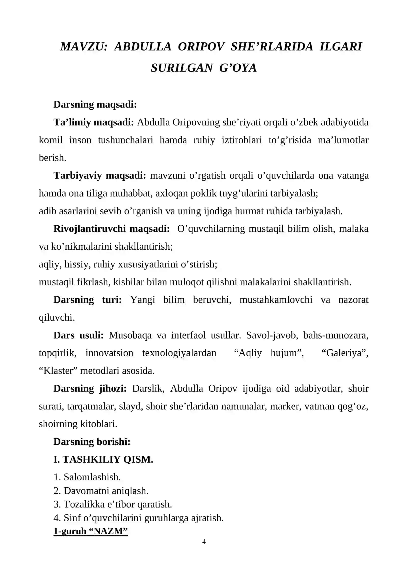 Abdulla Oripov she’rlarida ilgari surilgan g’oya 4