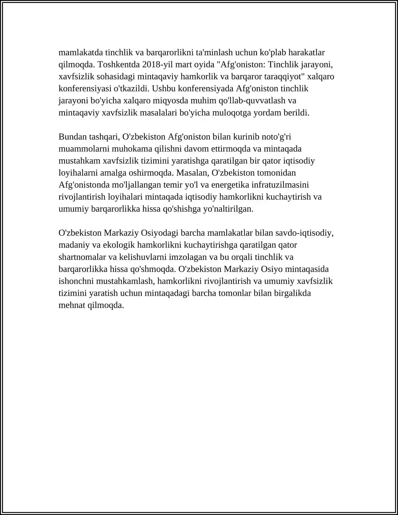 O'ZBEKISTONNING MARKAZIY OSIYODA TINCHLIK VA BARQARORLIKNI TA'MINLASHDAGI O'RNI 4