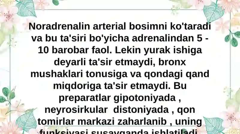 Adrenergik sinapslarga ta'sir qiladigan moddalar tasnifi, xossalari va qo‘llanilishi. Adrenomimietiklar umumiy tarifi va qo‘llanilishi.Adrenoblakatorlar, simpatolitiklar umumiy tarifi va qo‘llanilishi 4