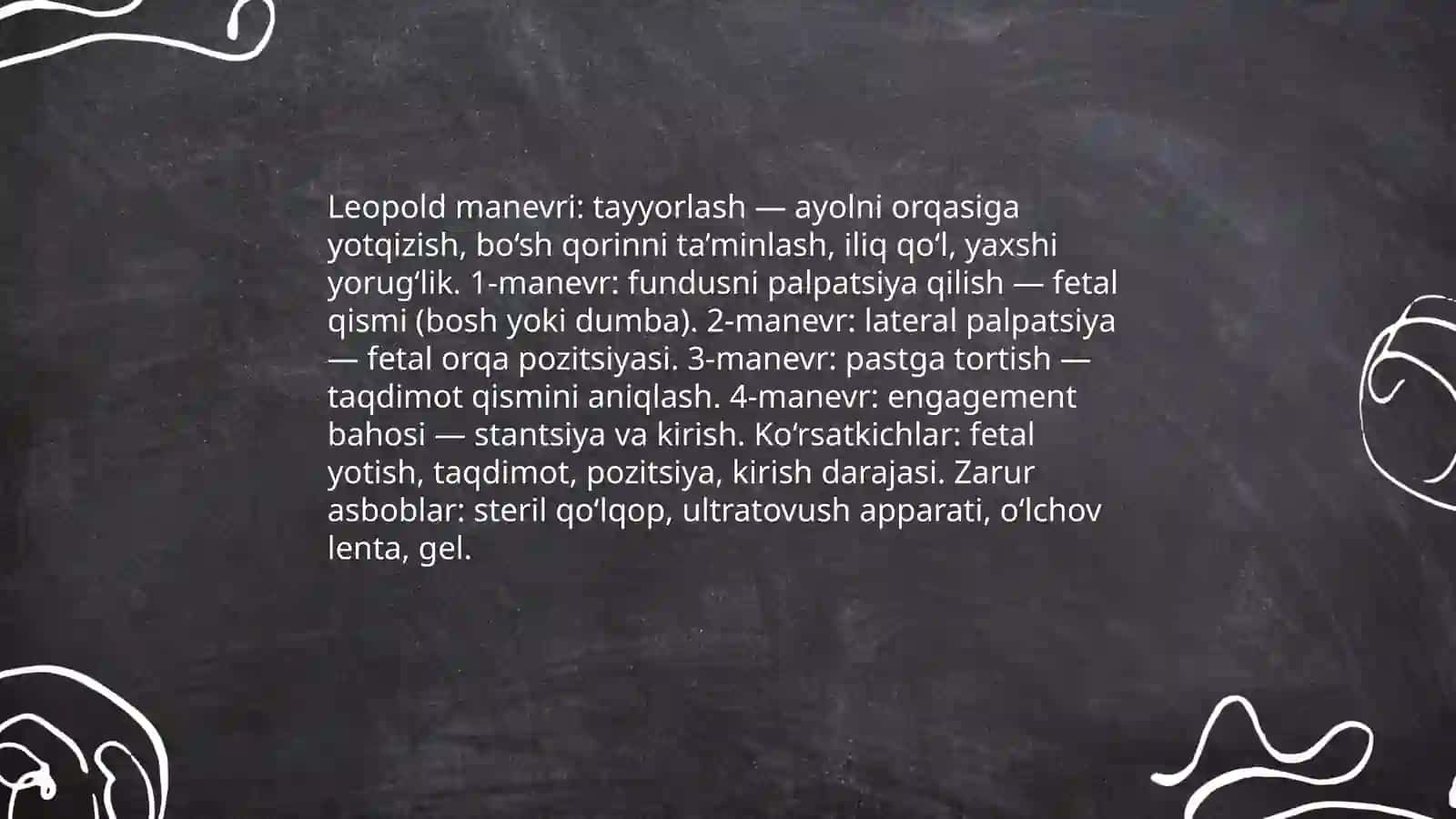 Homladorlik davrida hamshiralik parvarishi Tashqi akusherlik amallarni otkazish homlador ayol asboblar Nematova Muxtasar 4