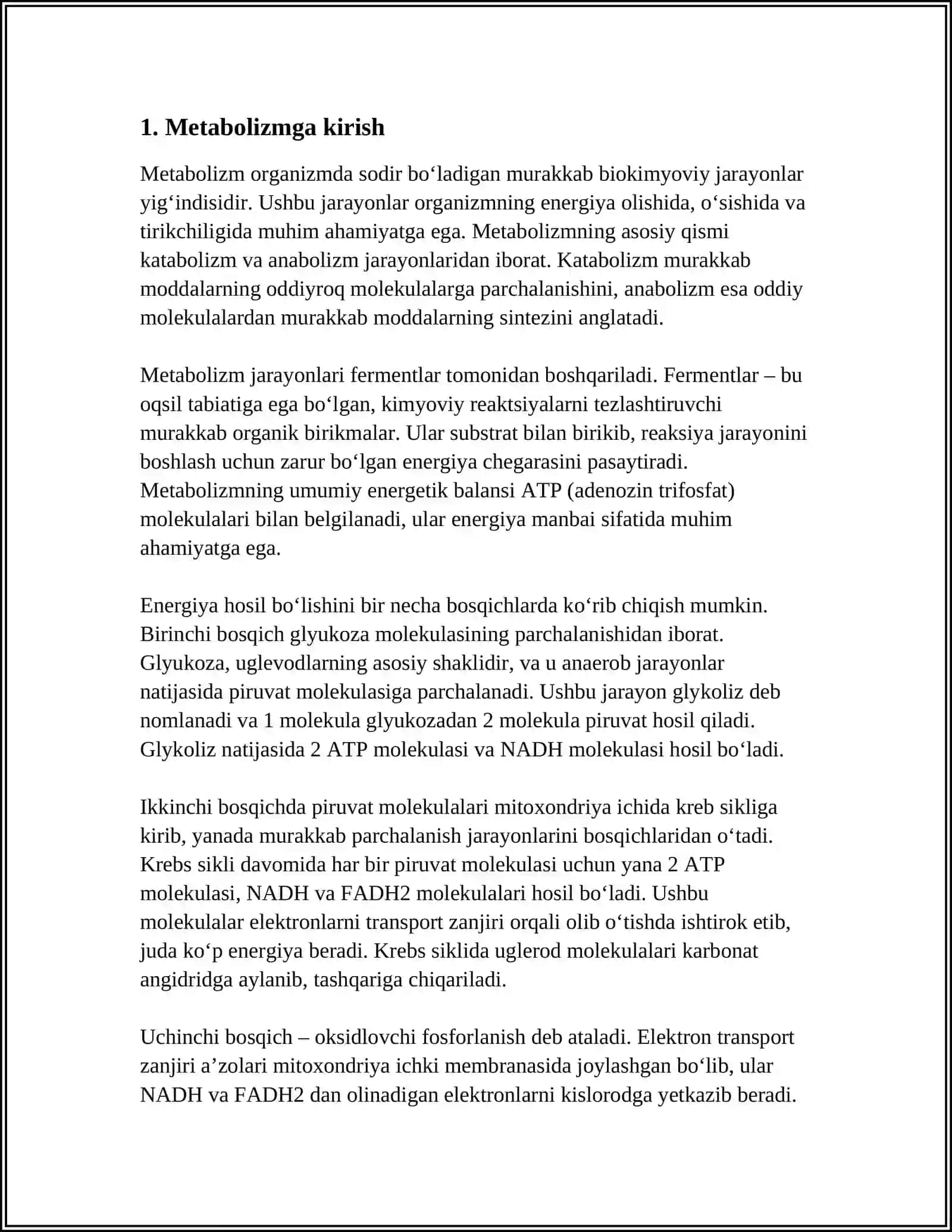 METABOLIZM JARAYONIDA ENERGIYA HOSIL BO‘LISHI VA SARFLANISHI 4