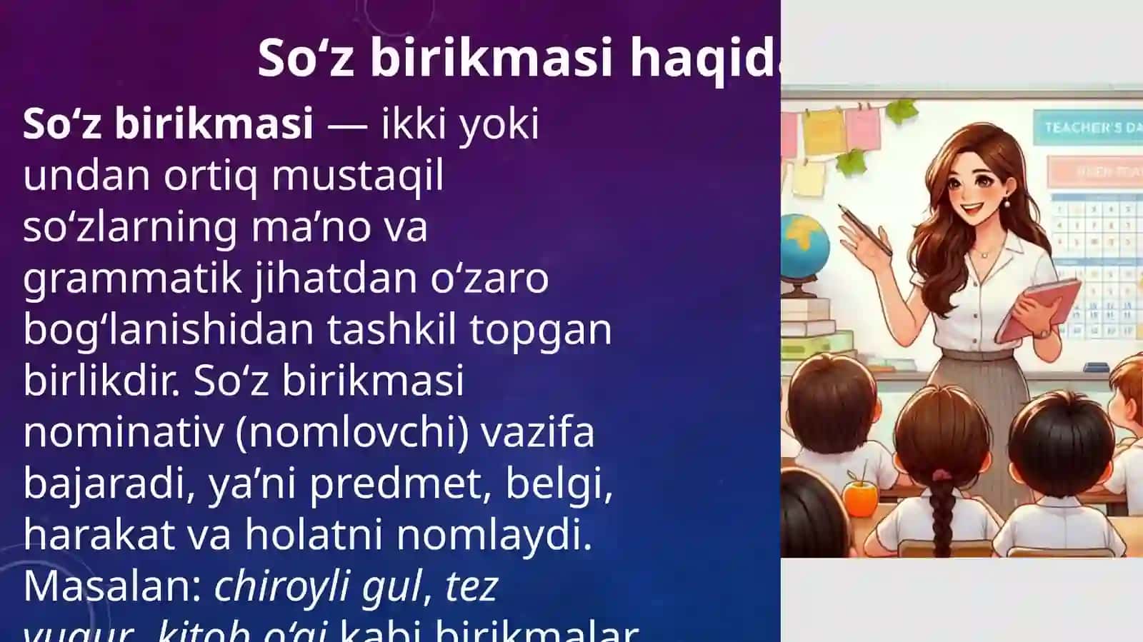 Sintaksis haqida umumiy ma’lumot. So’z birikmasi, gap va gap bo’laklari.Gapda so’zlarning o’zaro bog’lanishi. So’z birikmasi va uningturlari 4