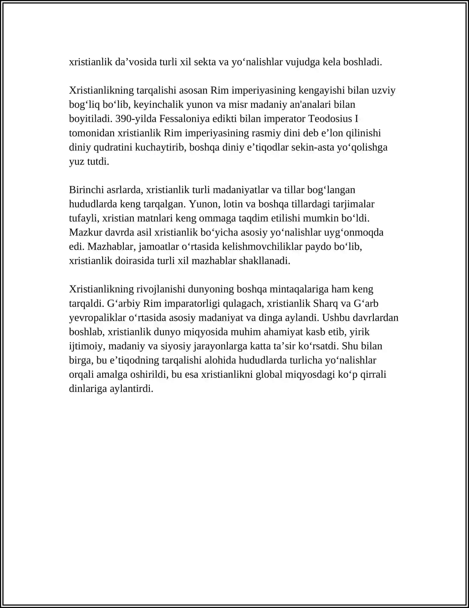 REFERAT: XRISTIANLIKNING PAYDO BO‘LISHI, AQIDALARI, ASOSIY YO‘NALISHLARI, TAʼLIMOTLARI VA MANBALARI 4
