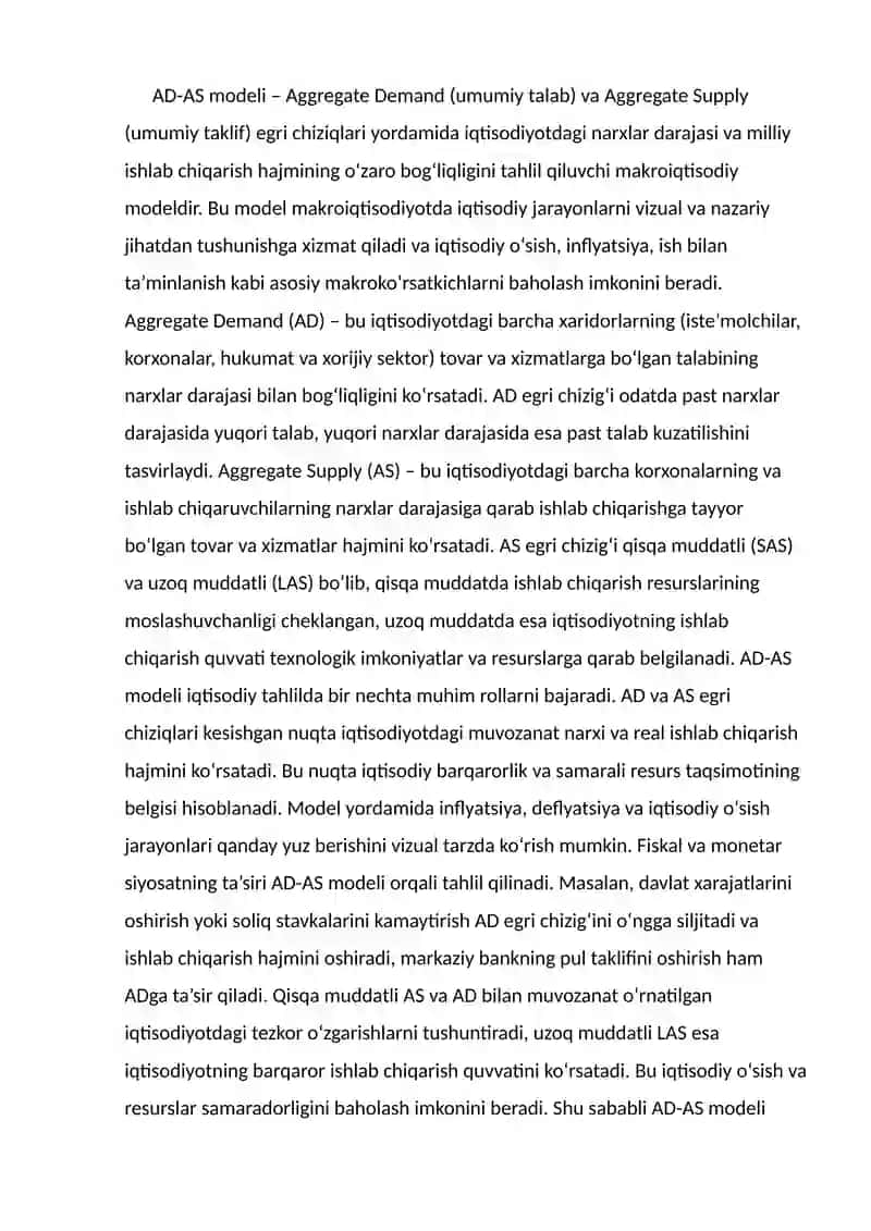AD-AS modelida narxlar va milliy ishlab chiqarish real hajmining muvozanatli darajalari 4