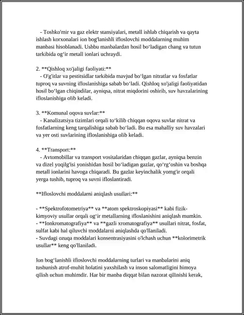 TUPROQ VA SUVNING IFLOSLANISHI ION BOGʻLANISHLI BIRIKMALARINI ANIQLAB ULARDAN TOZALASH USULINI ISHLAB CHIQARISH 4