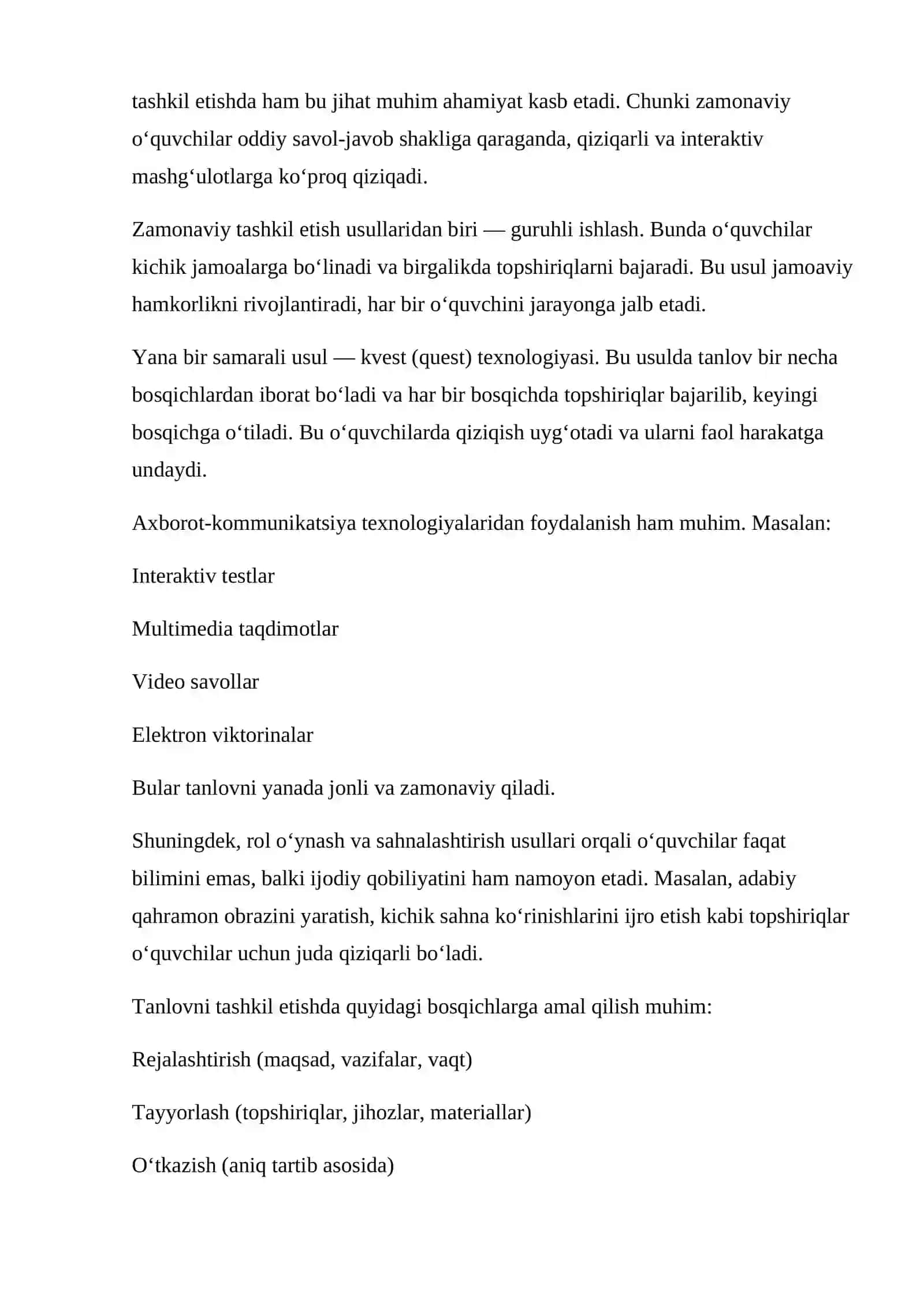 4-sinfda tanlovlarning mazmuni va ularni tashkil etish usullariga topshiriqlar tizimini ishlab chiqish 4