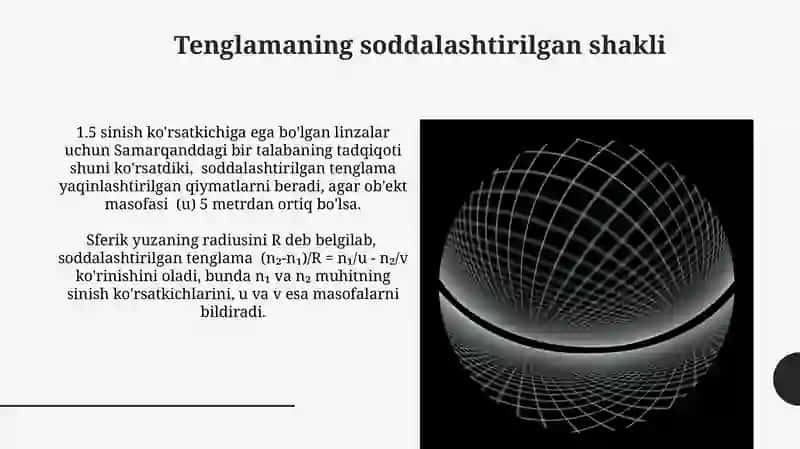 Yoruğlikning sferik sirtda sinishi Linza formulasini keltirib chiqarish 4