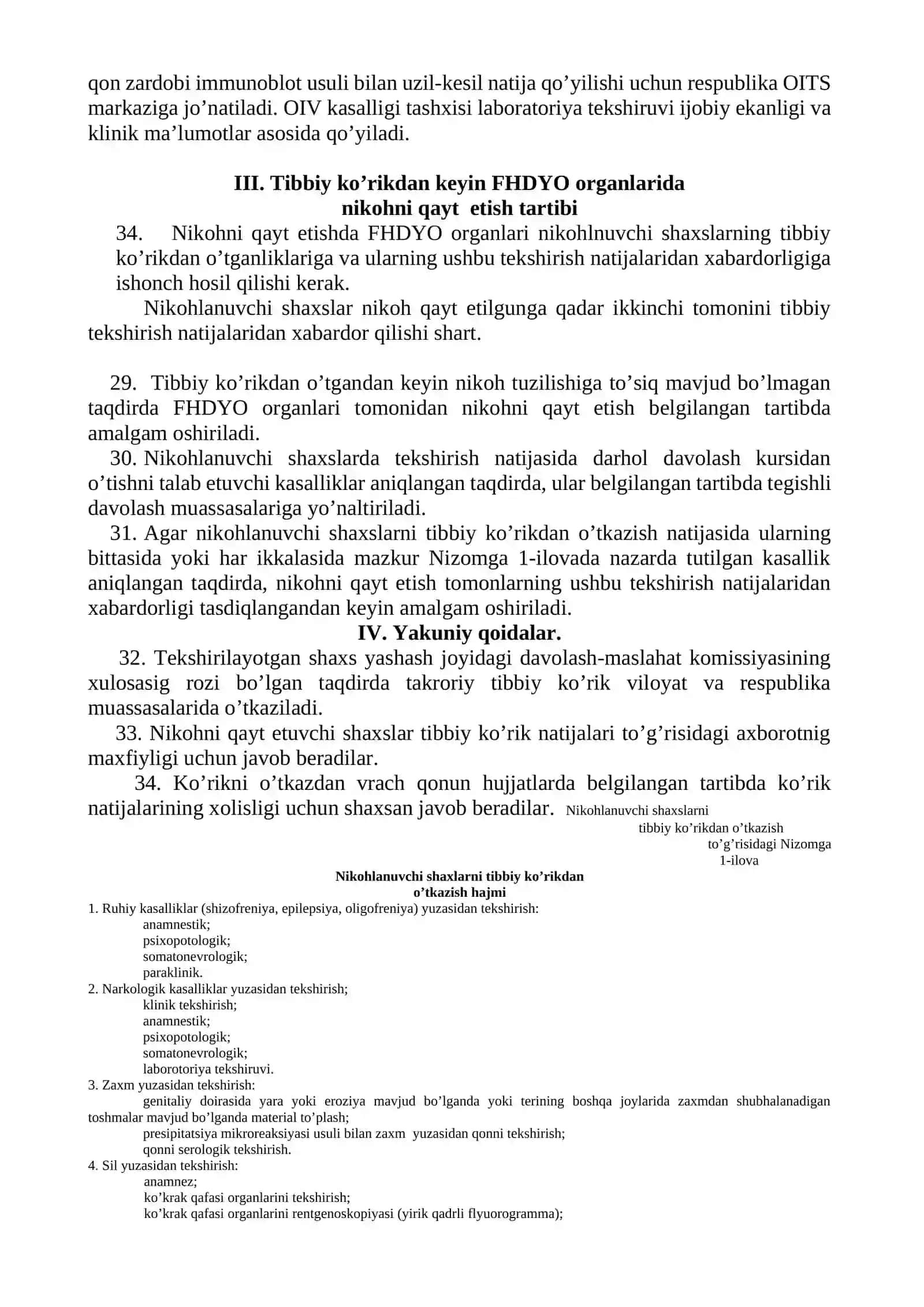 Nikohlanuvchi shaxslarni tibbiy ko’rikdan o’tkazish to’g’risidagi Nizomni tasdiqlash haqida 4