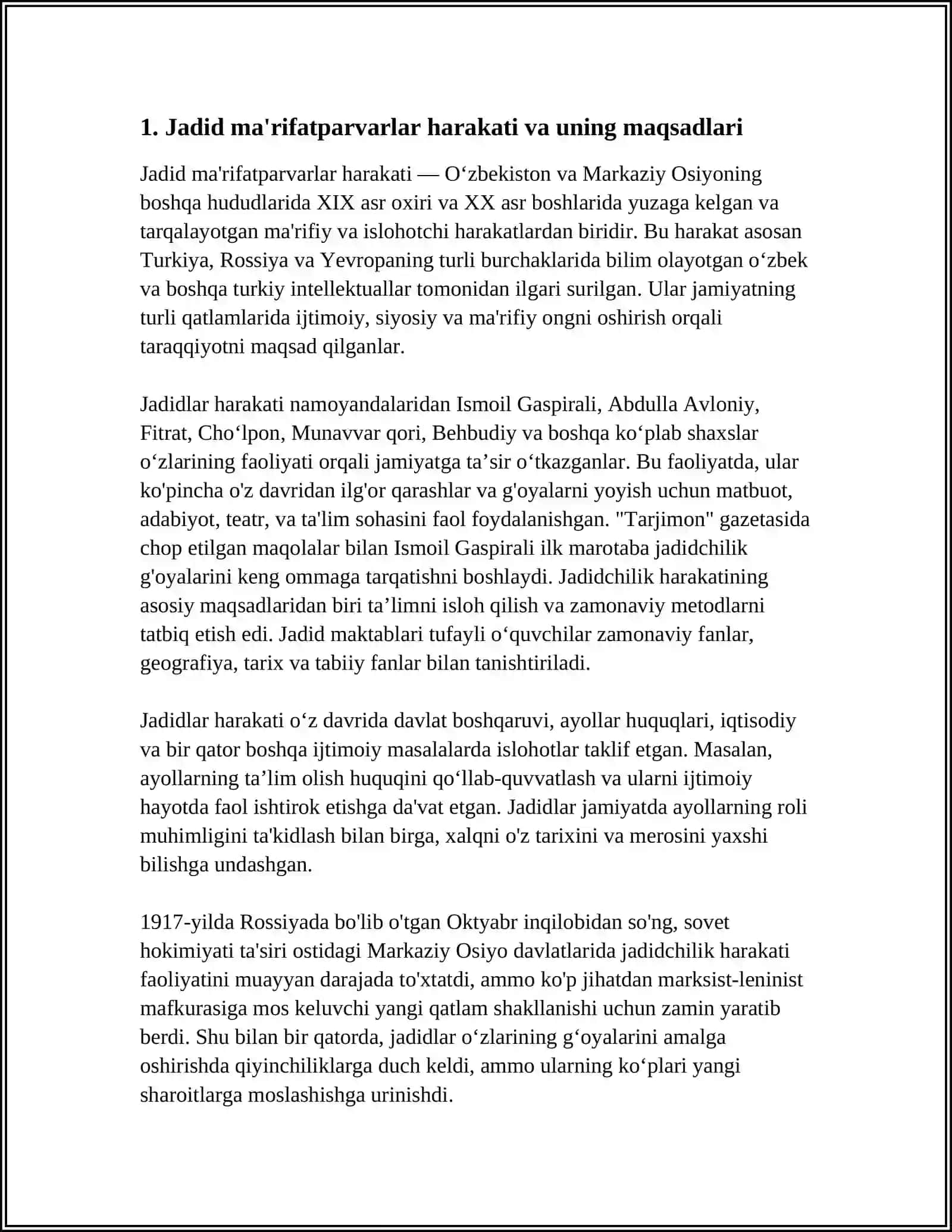 JADID MA'RIFATPARVARLARINING OʻLKA IJTIMOIY-MA'NAVIY HAYOTIDA TUTGAN OʻRNI ( MUNAVVARQORI, FITRAT, BEHBUDIY VA AVLONIY HAQIDA ) 4