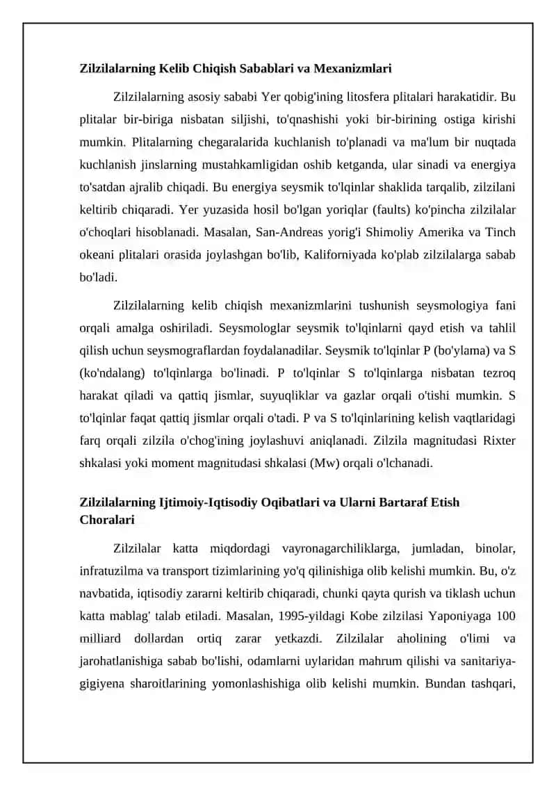 Zilzila: Sabablari, Xususiyatlari va Oqibatlari 4