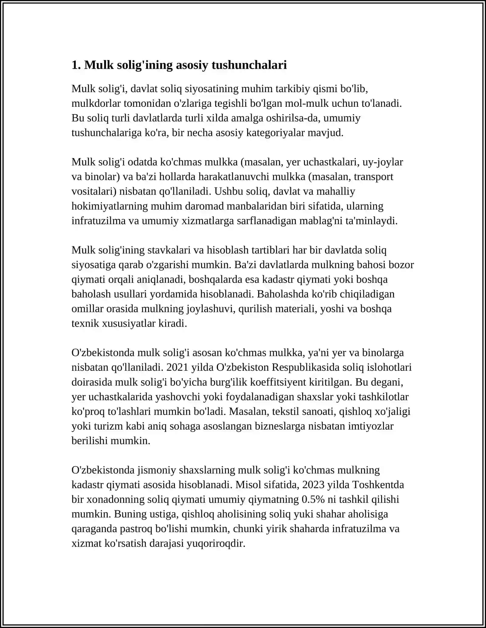 O‘ZBRKISTON RESPUBLIKASI SOLIQ TIZIMIGA MOL-MULK SOLIG'INING JORIY ETILISHI VA UNING IQTISODIY MOHIYATI 4