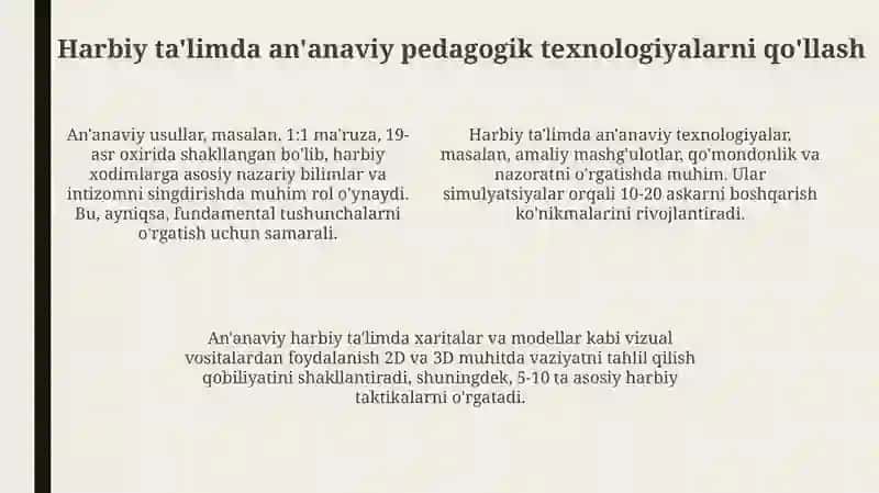 Ananaviy va zamonaviy pedagogik texnologiyalarning harbiy taʼlimda qo'llash qoidalari 4