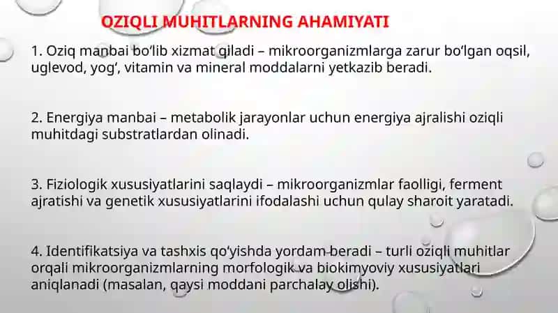 Ozuqa muhitlar ,tasnifi va unga qoʻyilgan talablar 4
