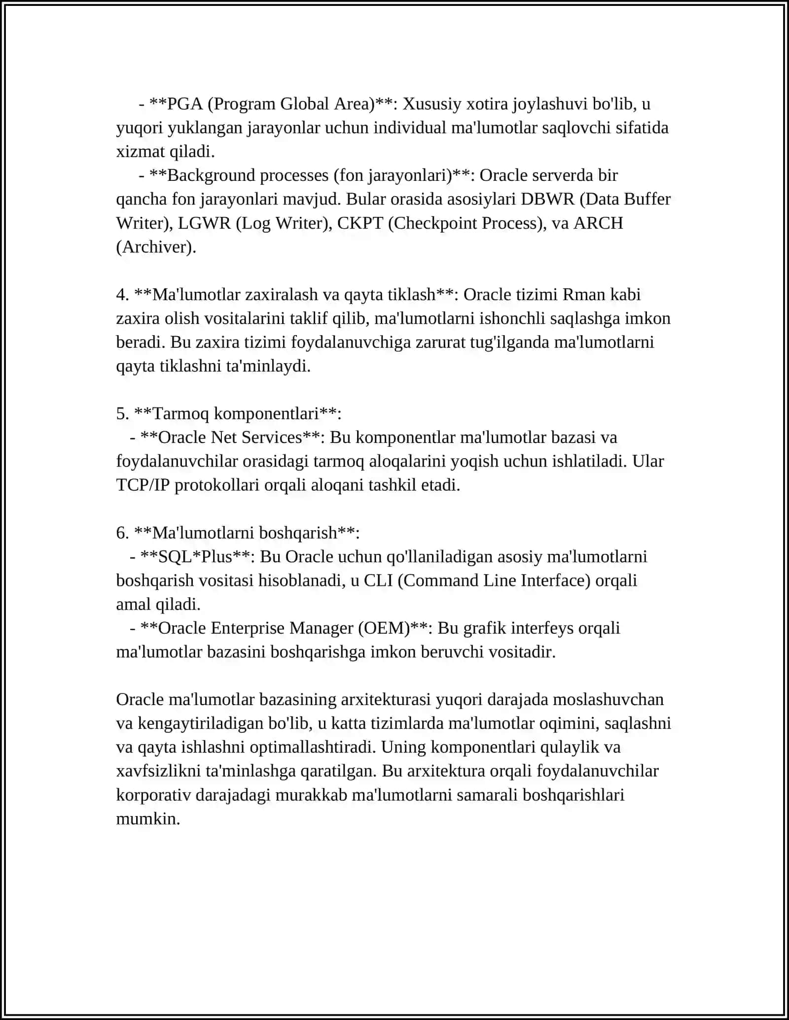 ORACLE MAʼLUMOTLAR BAZASINI BOSHQARISH TIZIMLARINING ISHLASH TEXNOLOGIYALARI 4