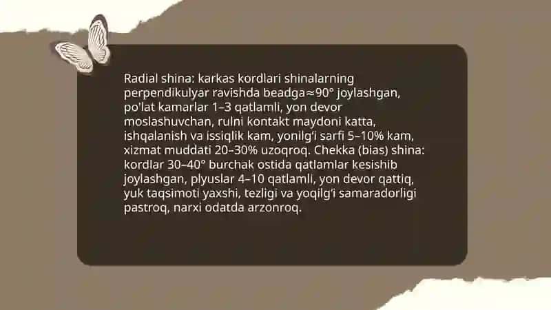 Zamonaviy avtomobillarda ishlatiladigan shinalar tuzilishi, ishlab chiqarish texnologiyasi 4