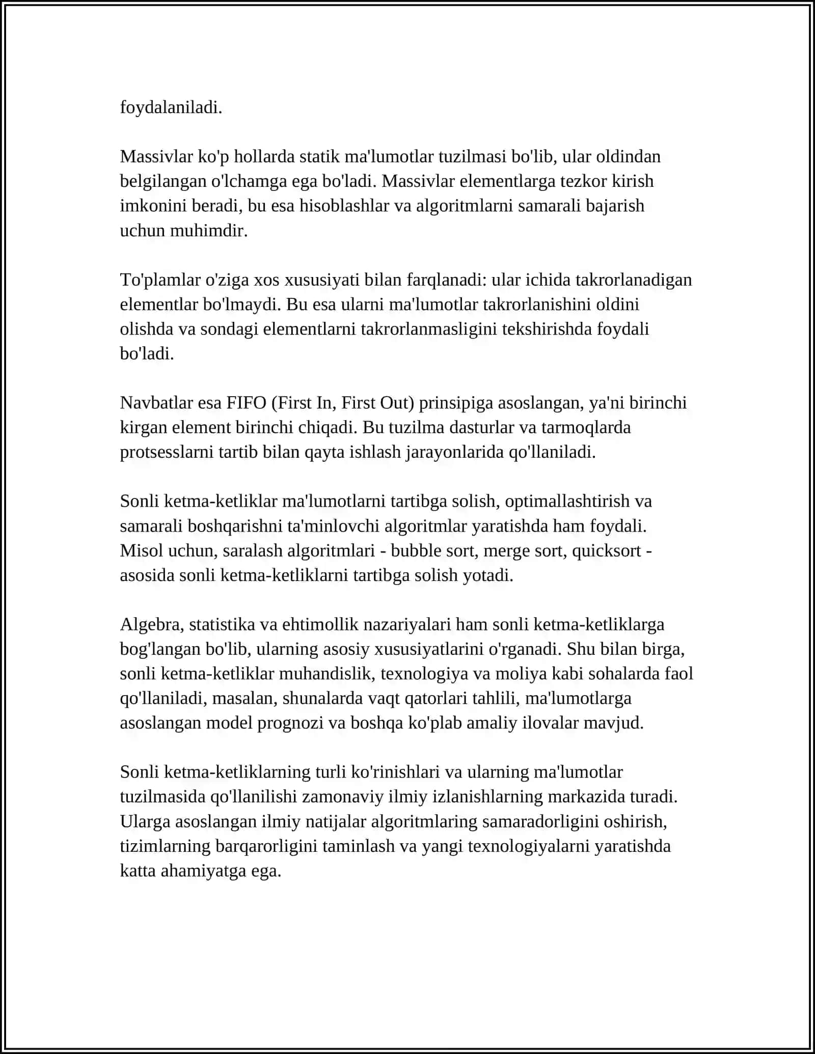 MA'LUMOTLAR TUZILMASI VA ALGORITMLARIDA SONLI KETMA-KETLIKLARNING TATBIQLARI 4