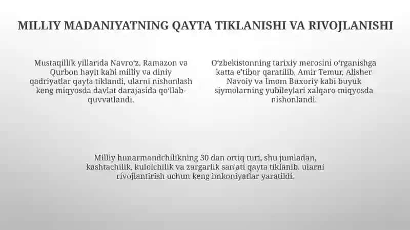 Mustaqillik yillarida O'zbekistondagi manaviy va madaniy taraqqiyot 4