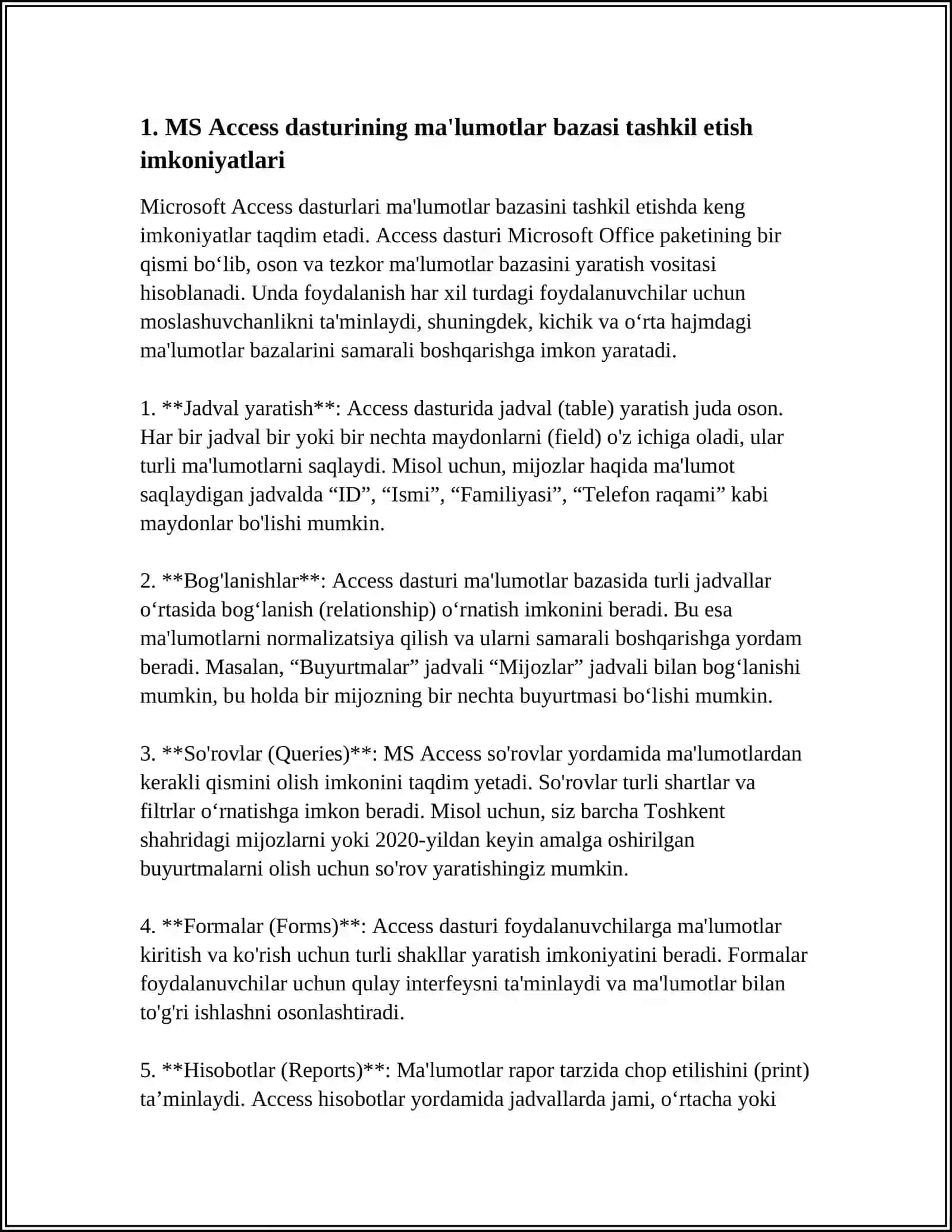 MS ACCESS DASTURINING OʻZIGA XOSLIKLARI VA IMKONIYATLARI 4