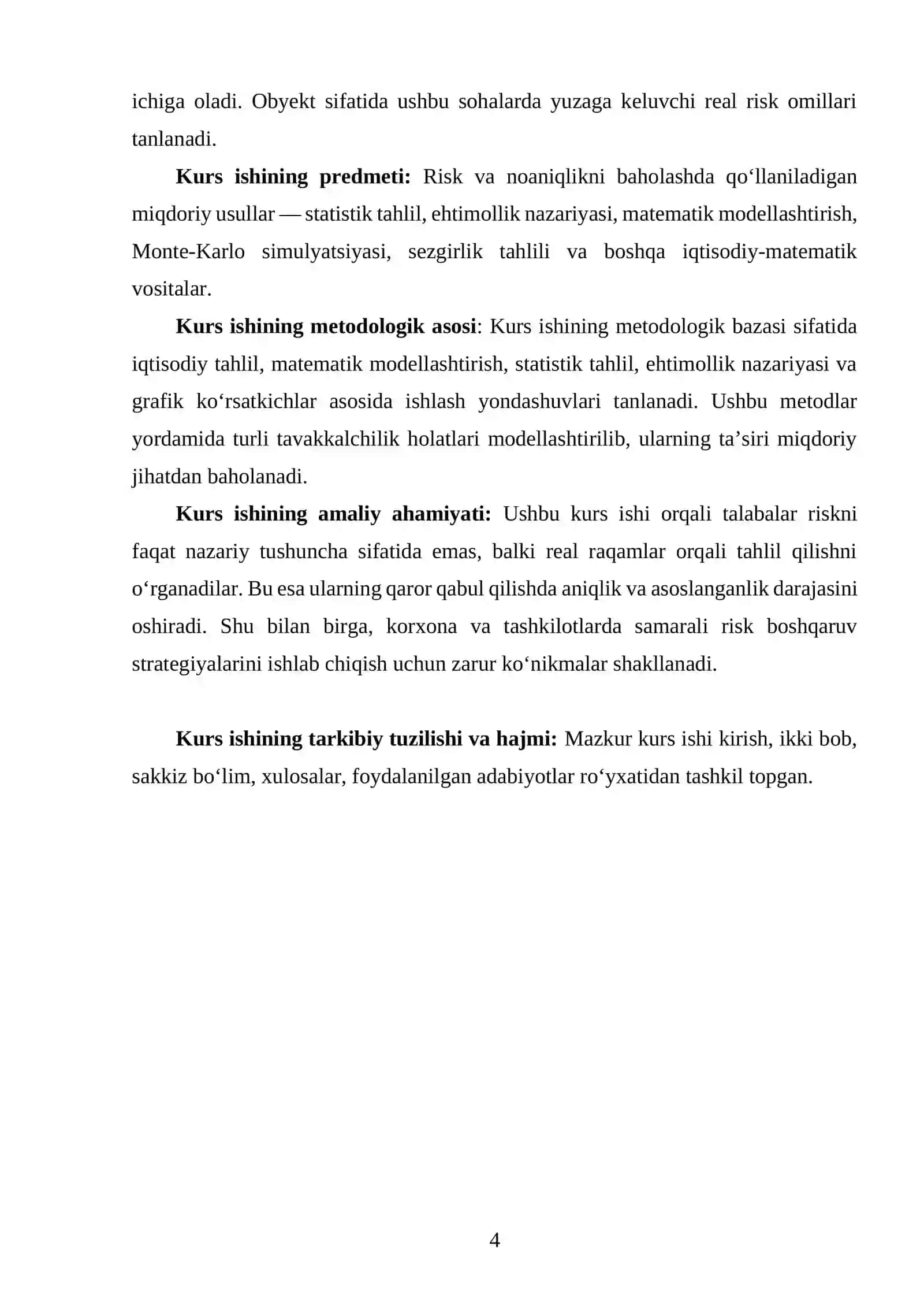 RISK VA NOANIQLIKNI BAHOLASHNING MIQDORIY USULLARI KURS ISHI 4