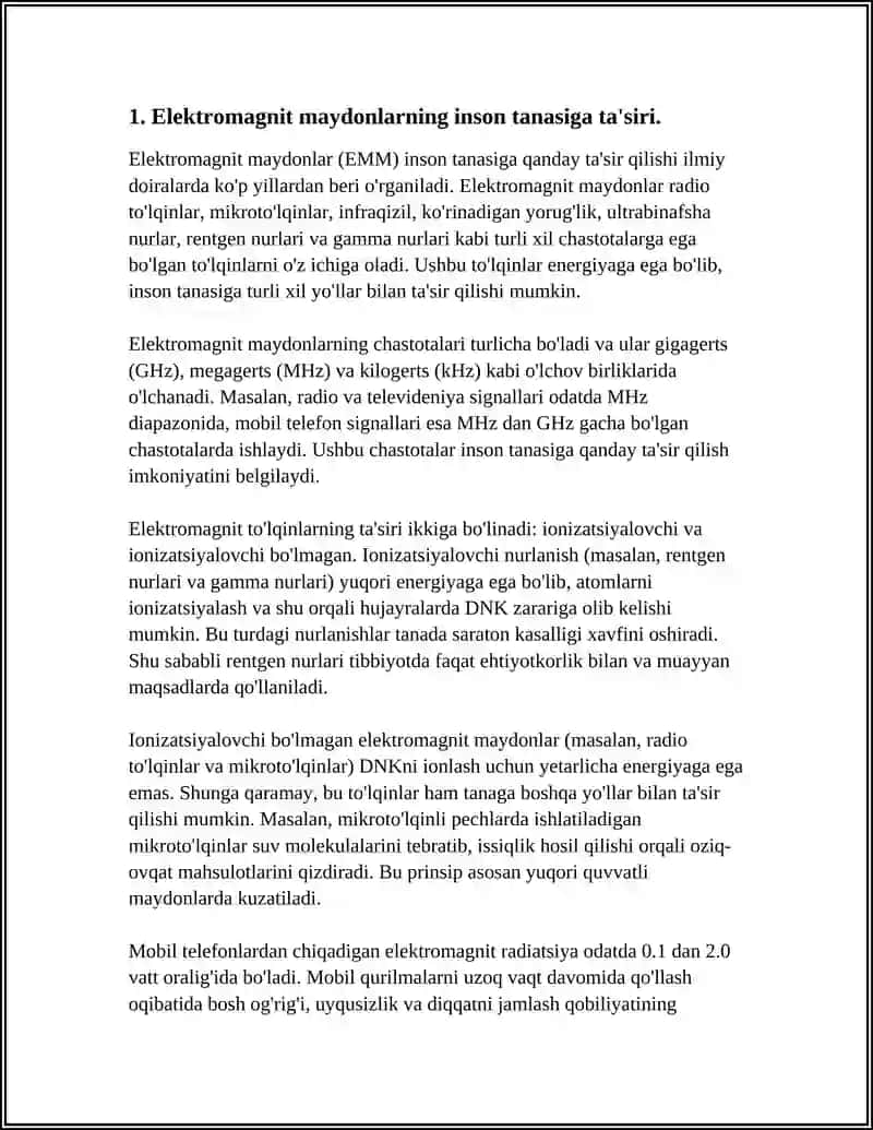 ELEKTROMAGNIT MAYDONLARNING INSON TANASIGA TA’SIRI VA DAVOLASH.IONLASHTIRUVCHI NURLANISH VA RADIATSIYA XAVFSIZLIGINI TA’MINLASH 4