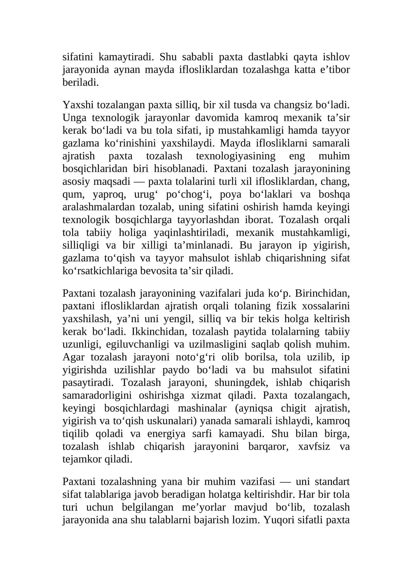 Paxtani mayda iflosliklar dan tozalash 4