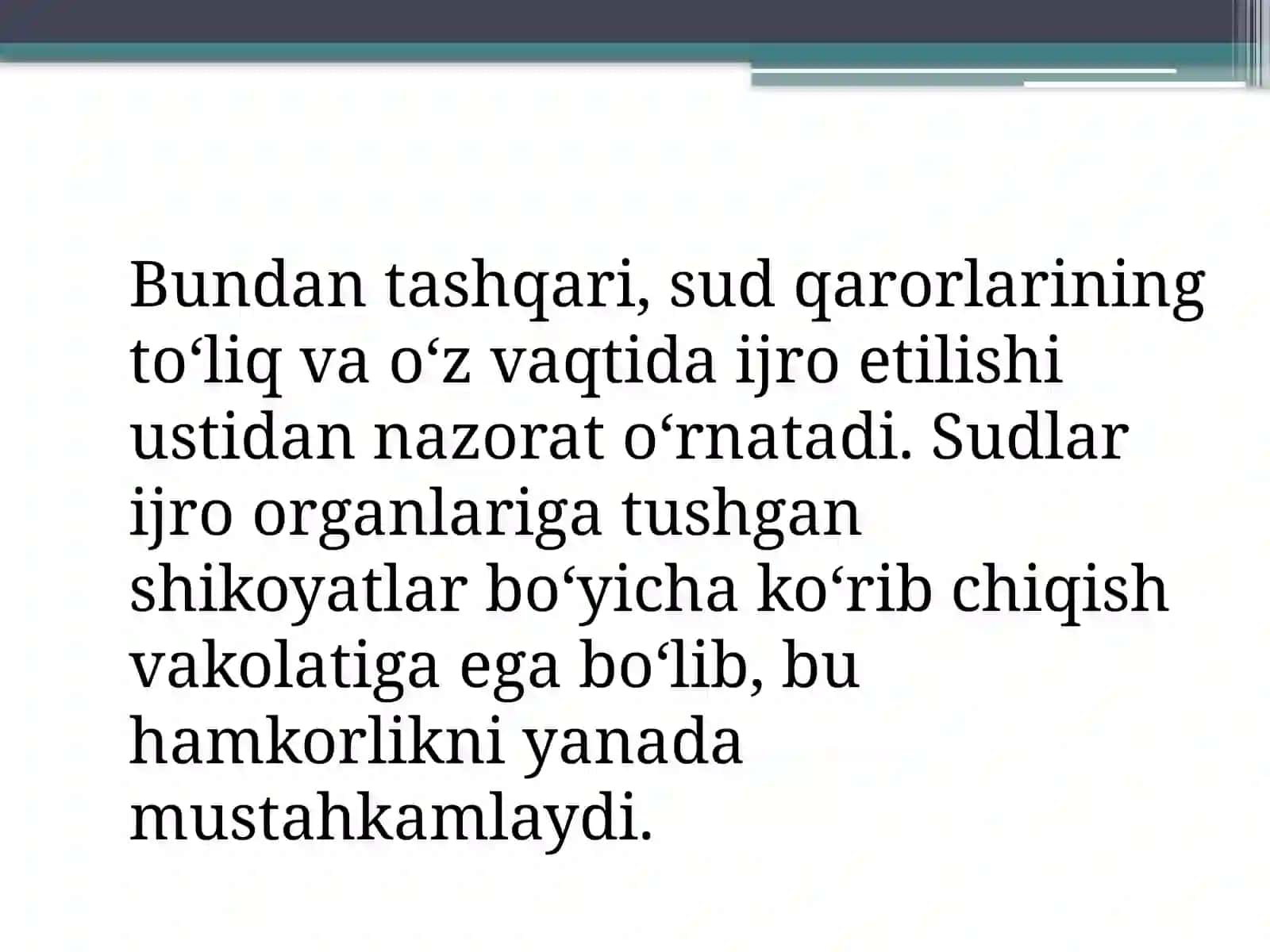 Sud hujjatlari va boshqa organlar hujjatlarini majburiy ijro etishdadavlatijrochilarining sudlar, huquqni muhofaza qiluvchi, ro’yxatdan o’tkazuvchi organlar, moliya-kredit tashkilotlari bilan o’zaro hamkorligi 4