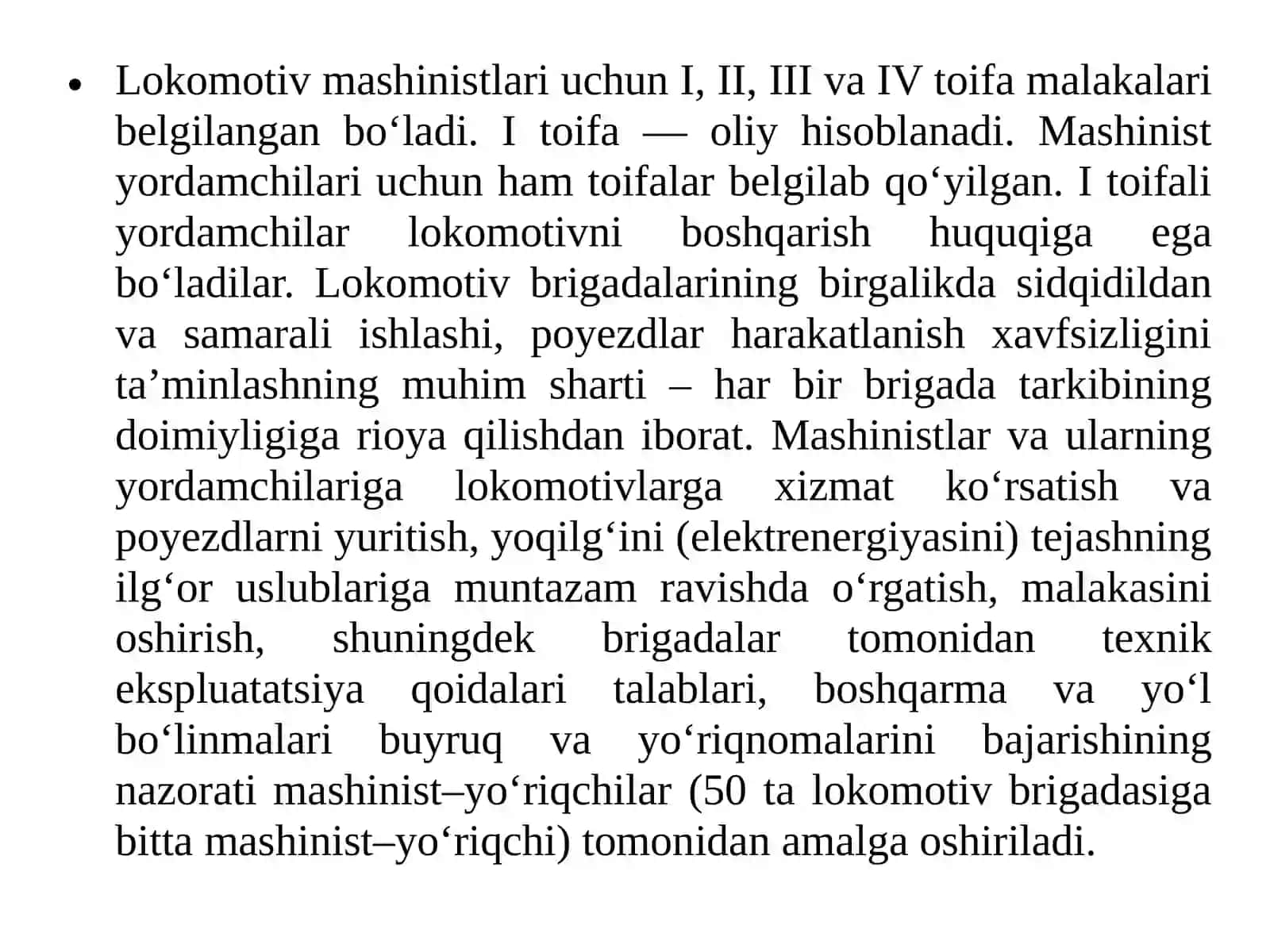 Lokomotivlar brigadasi ishini va dam olishini tashkil etish 4