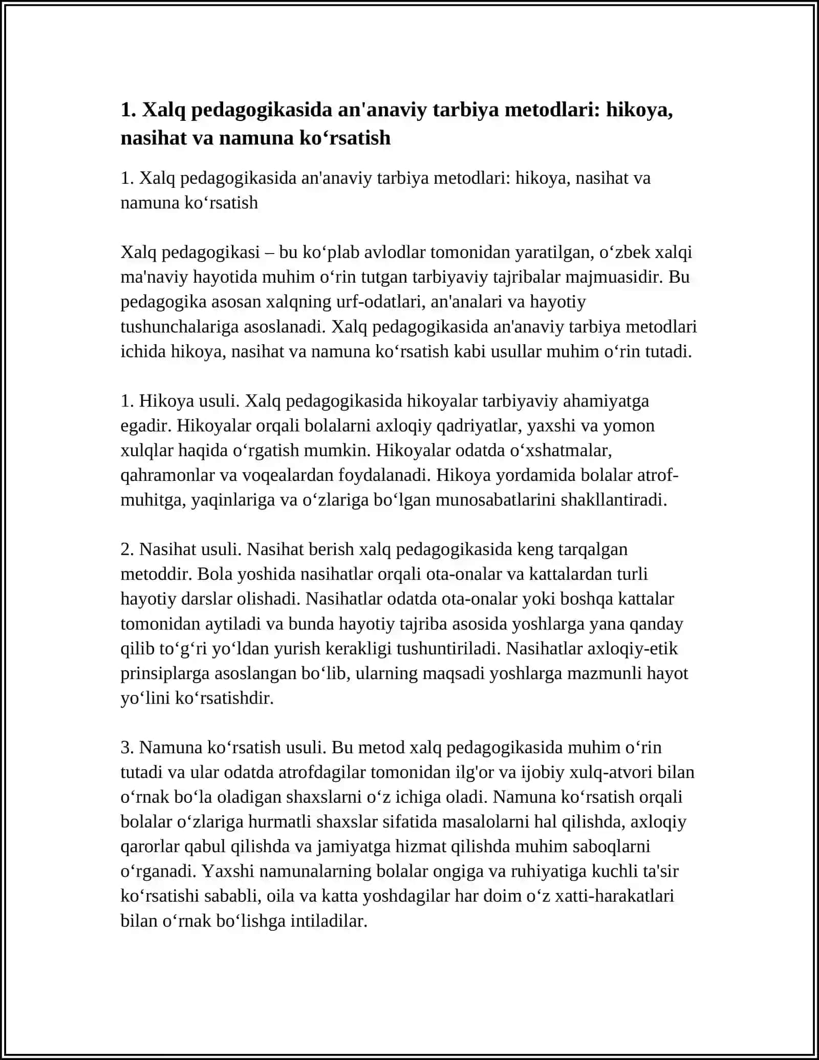 Mavzu: XALQ PEDAGOGIKASIDA QO’LLANILADIGAN TARBIYA METODLARI VA TEXNOLOGIYASI. HADISLARNING MAZMUN MOHIYATI VA TARBIYAVIY AHAMIYATI. DINIY FANATIZM, FUNDAMENTALIZM VA TERRORIZM XAVF-XATARI – DINIY SAVODSIZLIK OQIBATI. XALQ PEDAGOGIKASIDA DINIY TA’LIMOTLARNING AHAMIYATI MАRОSIMLАR VА ULАRNING ХАLQ HАYOTIDАGI O‘RNI VА TАRBIYAVIY АHАMIYATI. MАQОL VА MАTАLLАR – DОNО FIKRLАRNING IХCHАM IFОDАSI 4