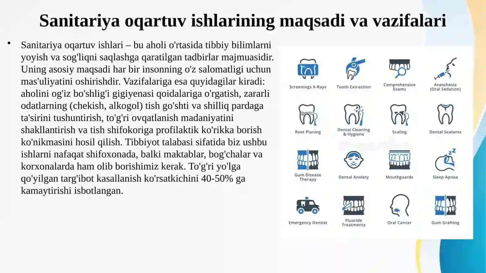 Parodont va og'iz bo'shlig'i shilliq pardasi kasalliklarining oldini olishda sanitariya oqartuv va sog'lom turmush tarzi targ'ibot ishlarini olib borishning shakllari 4