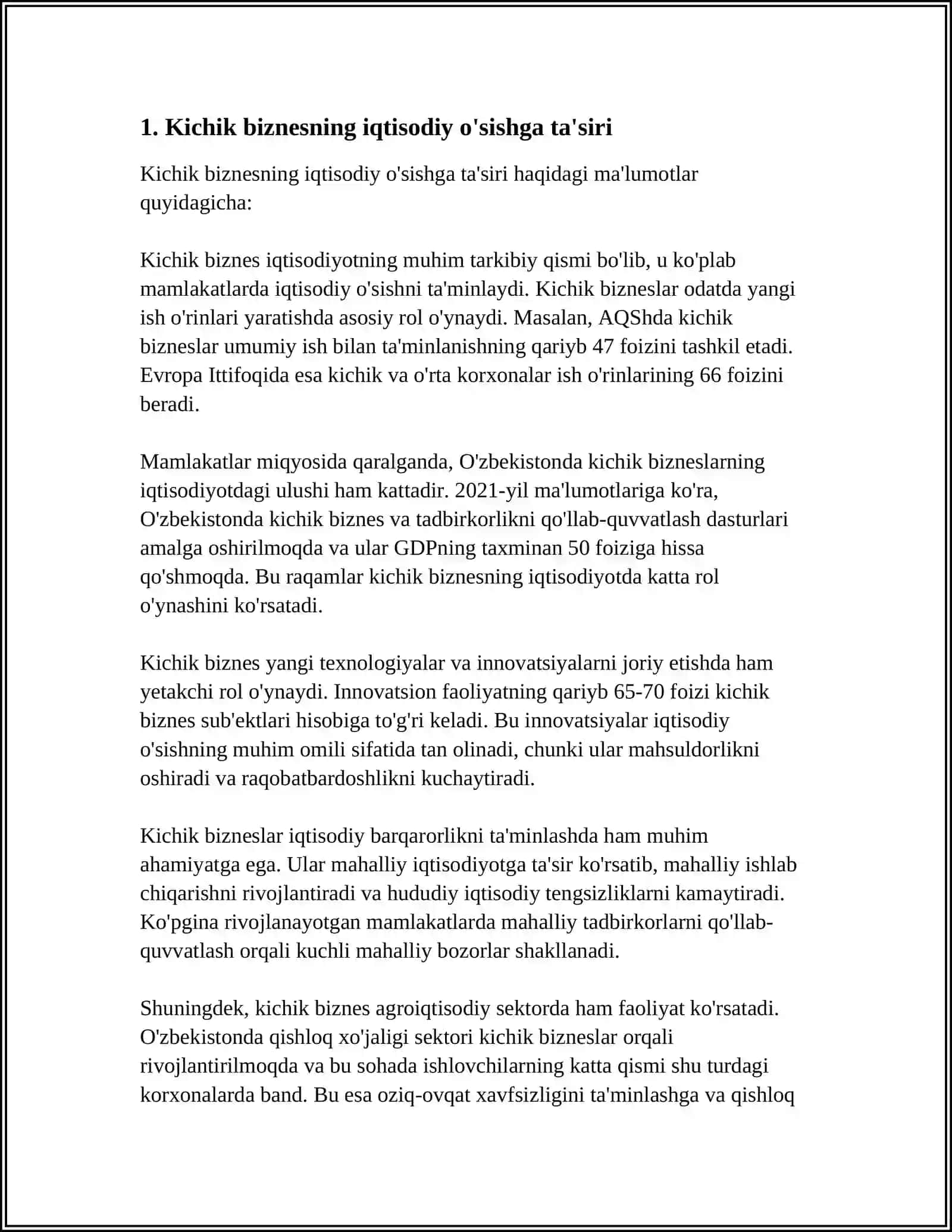 KICHIK BIZNES VA TADBIRKORLIK FAOLIYAGINI RIVOJLANTIRILISHINING IQTISODIY VA IJTIMOIY XAVFSIZLIKNI TA'MINLASHDAGI AHAMIYATI 4